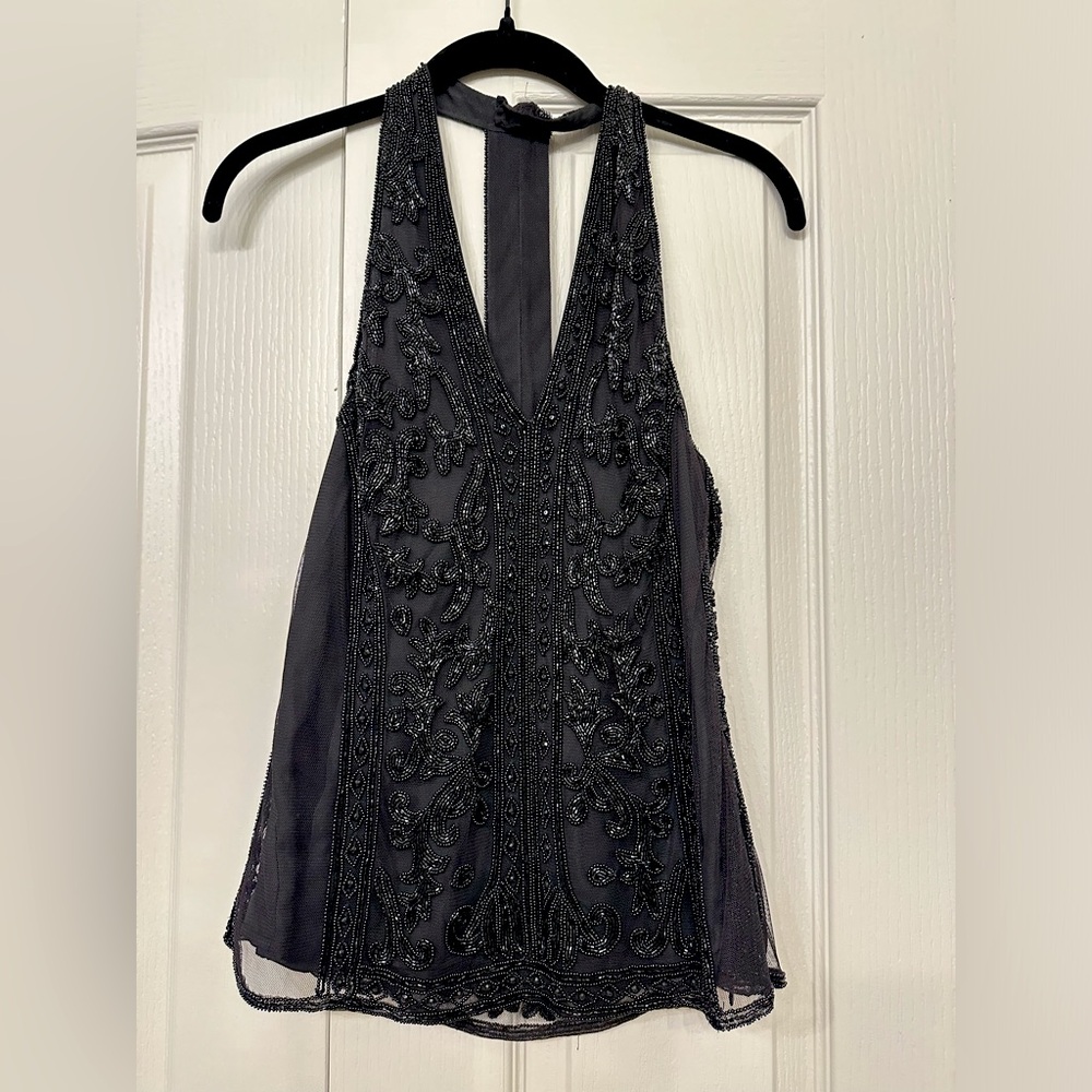 Polo Ralph Lauren Blue Label Black Beaded T-Back Top, Size 4